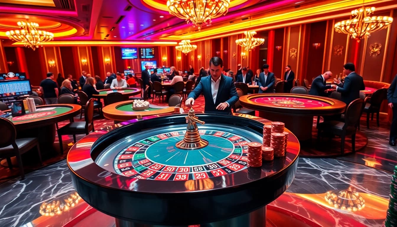 Des joueurs profitant d'un moment palpitant à une table de roulette de casino en ligne, mettant en évidence l'excitation et le luxe.