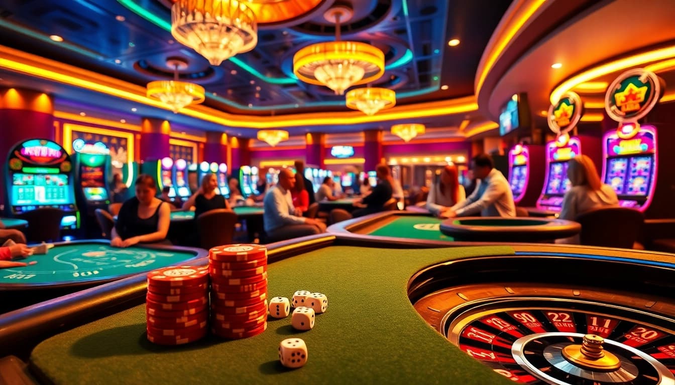 Players enjoying U888 casino games at vibrant tables with poker chips and roulette wheels