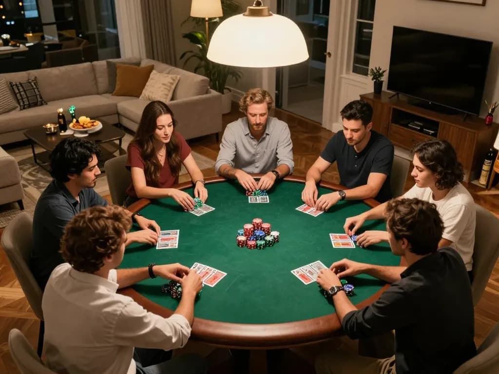 Semi-circle of friends engaged in intense discussion and play at a poker table during a home game, showcasing excitement of SUNWIN LINK MỚI and strategic gameplay.