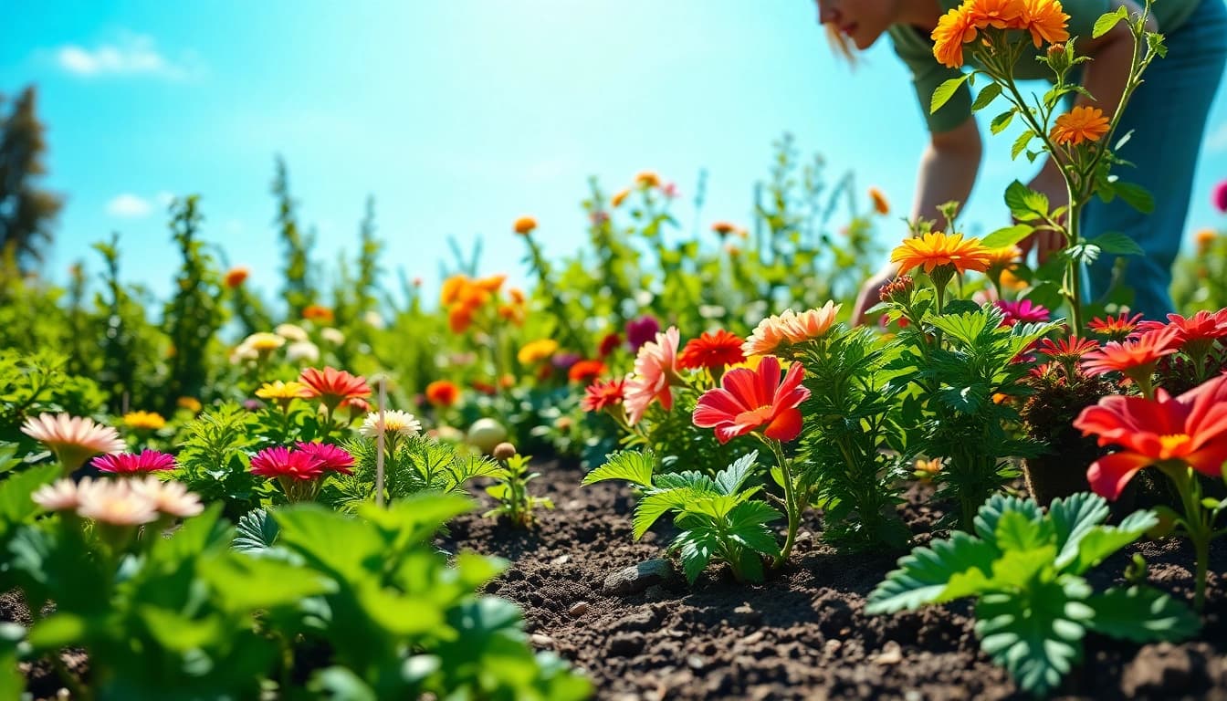 Gardening enthusiast tending vibrant plants in a flourishing garden setting.