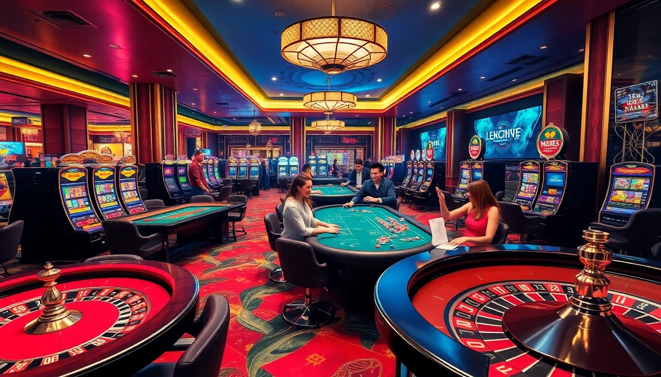 Experience the thrill of jun88 phiên bản 1 with players enjoying vibrant casino games in an upscale environment.