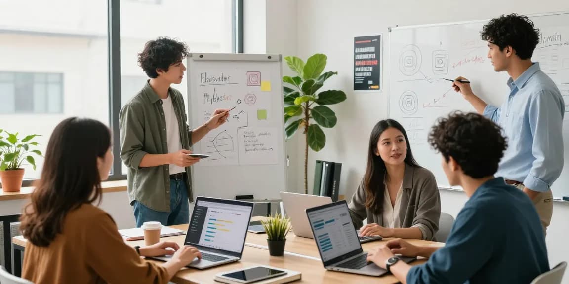 Eine Gruppe von Fachleuten, die Strategien zum Kauf von Instagram-Abonnenten auf Französisch in einem modernen Büro brainstormen.