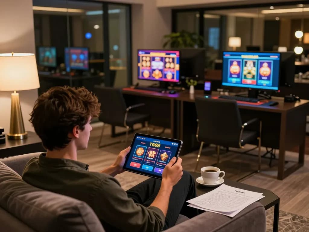 Engaging with the TG88 casino app in a modern living room, showcasing the excitement of online gaming.