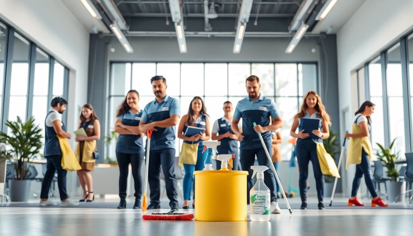 Professionelles Team von https://nm-gebäudeservice.de in einer modernen Büroumgebung bei der Arbeit.