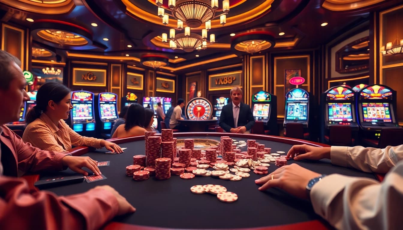 Engaged players at Nhà Cái X88 enjoying a vibrant poker game in a luxurious casino setting.