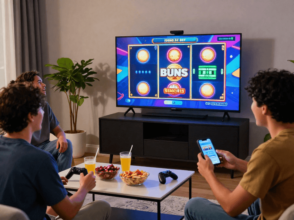 Friends excitedly playing feature buy slots on a large screen in a cozy living room atmosphere.