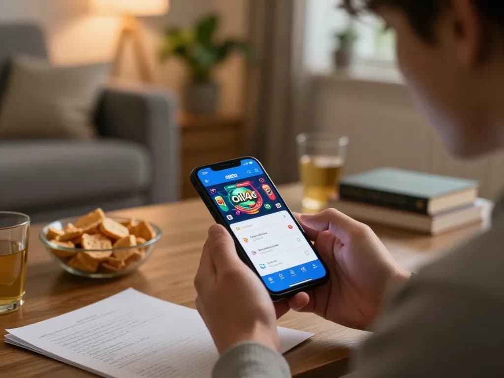 Player engaging with the oli4d casino app on smartphone during a cozy gaming session at home.