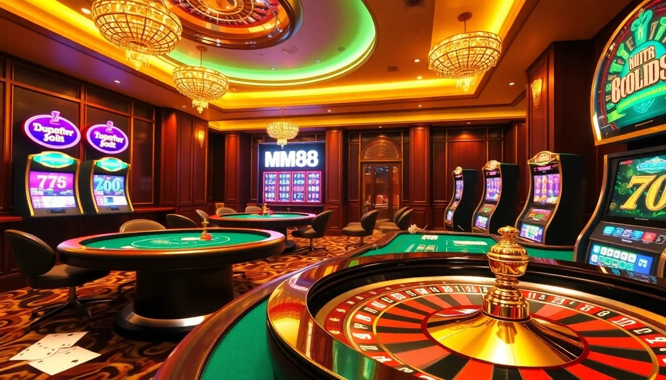 Experience the thrill of MM88 with an exciting digital casino ambiance featuring vibrant slot machines and tables.