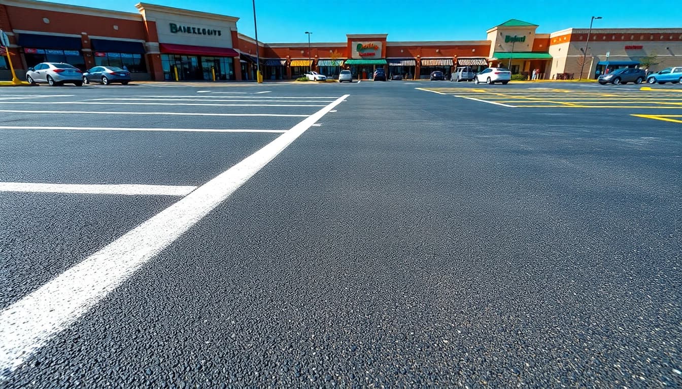 Parking lot striping Madison MS with freshly painted lines in a professional setting.