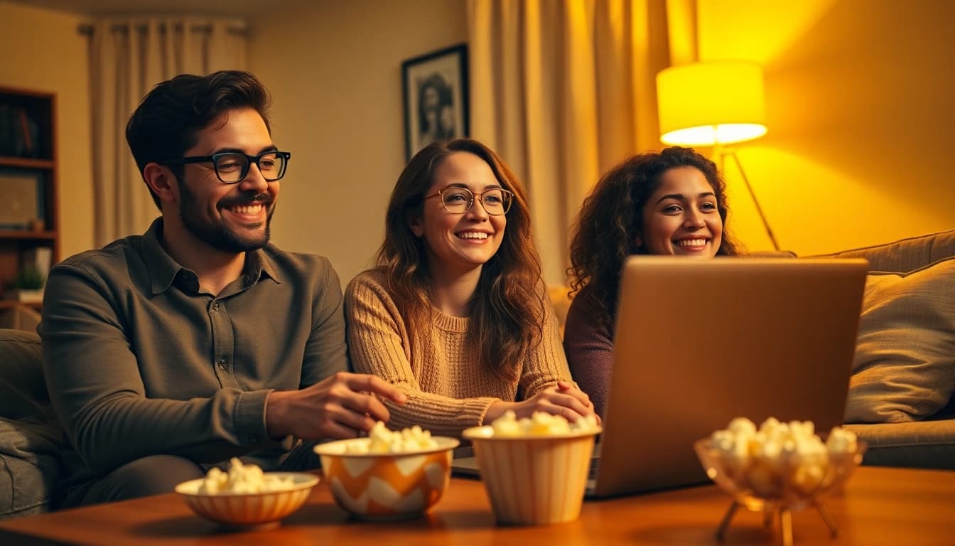 Engaged film lovers enjoying movies online in a cozy living room setting.