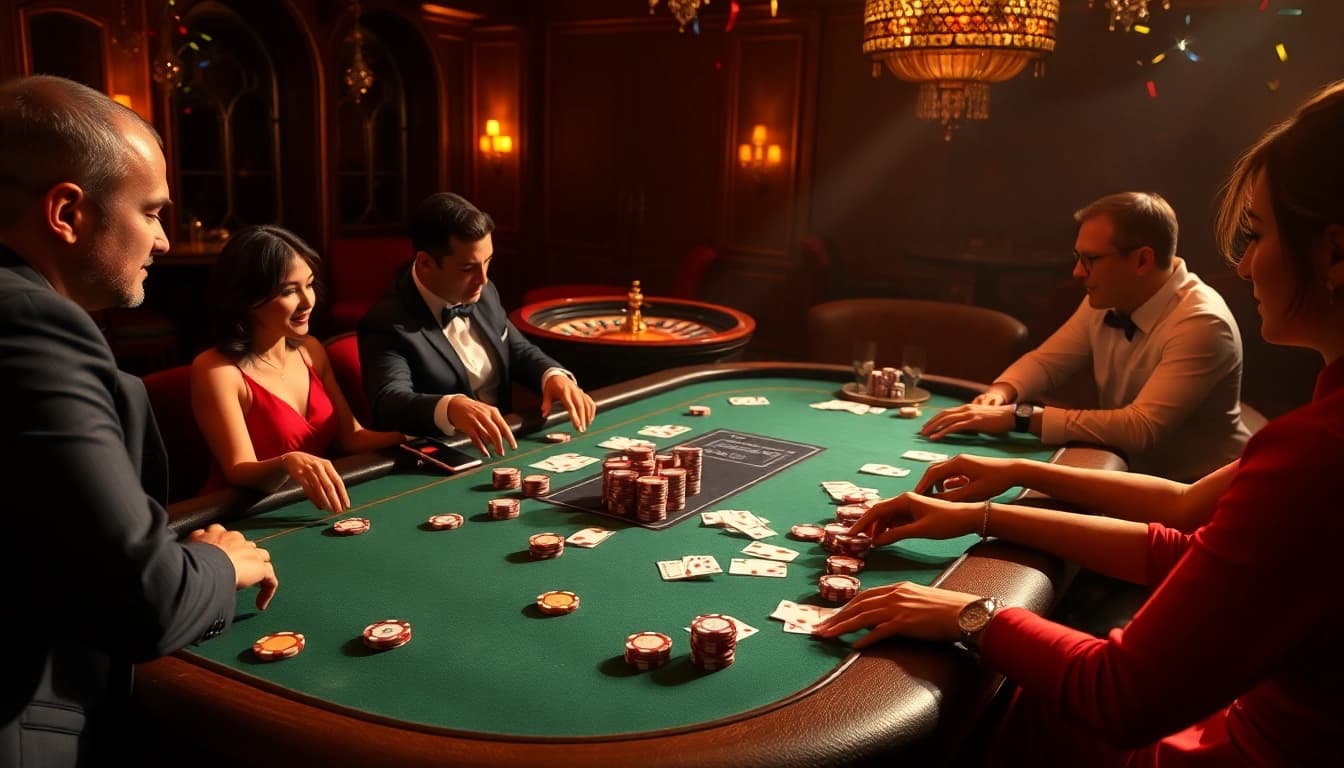 Experience the thrill of gambling at ARESGACOR's high-stakes poker night with vibrant chips and cards.