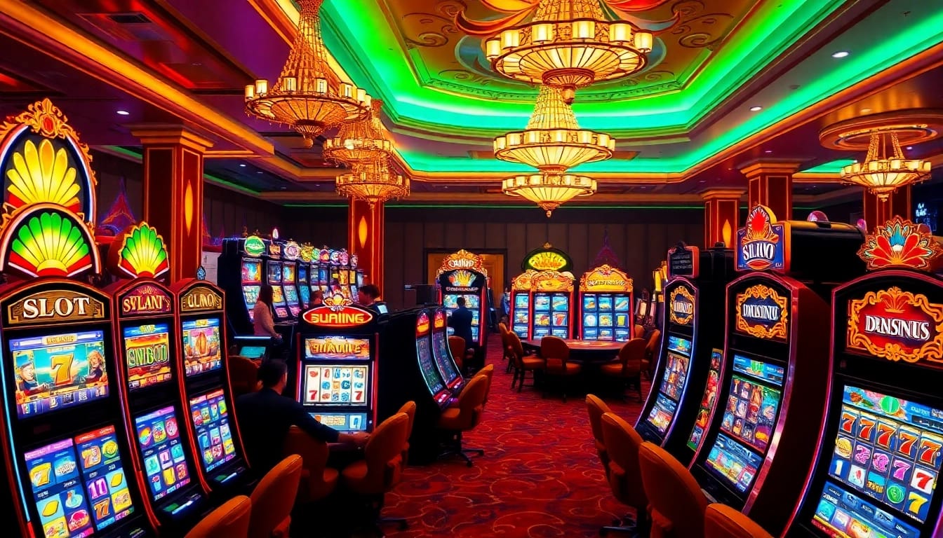 Excited gamblers playing SLOT machines in a luxurious casino atmosphere filled with colorful lights.