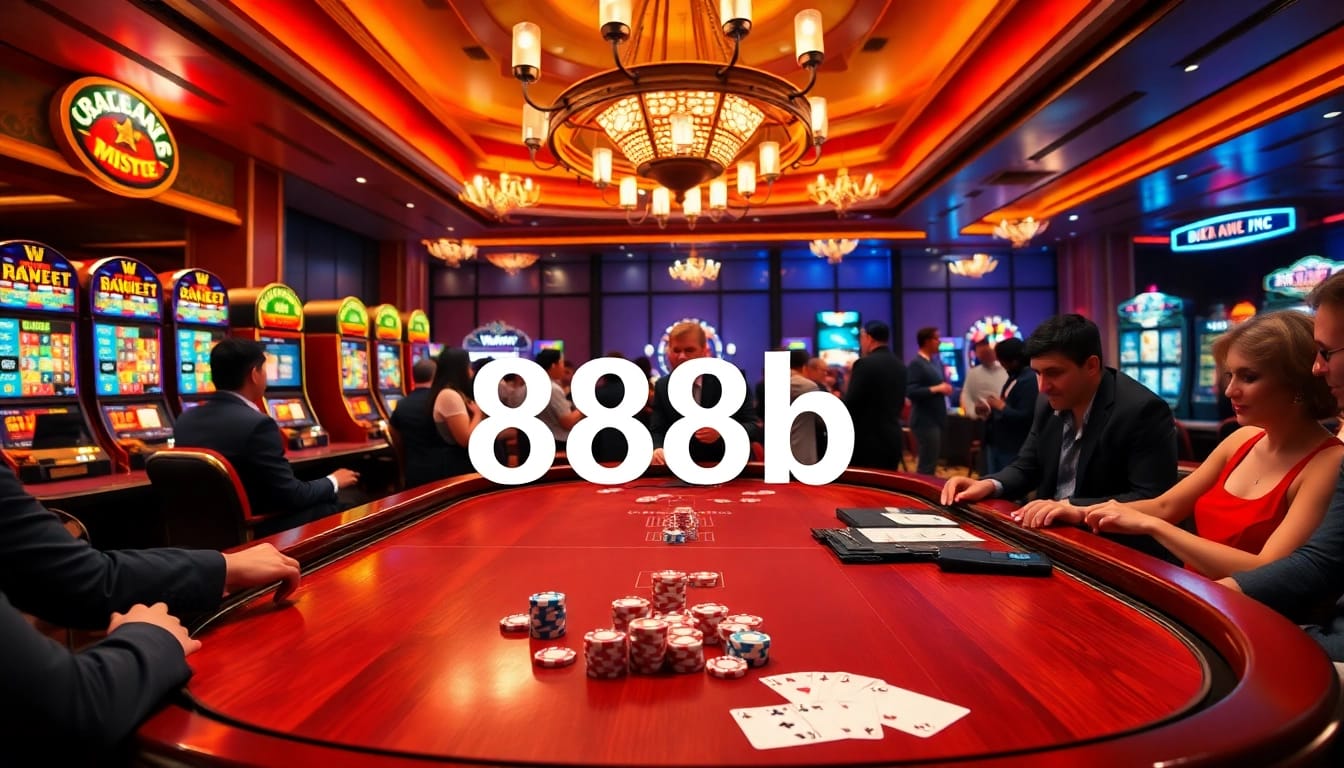 Players enjoying a high-stakes poker game at 888b casino, surrounded by vibrant slot machines.