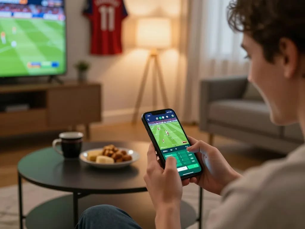 Engaging in sports betting with เว็บzood24 app on a smartphone at home, showcasing excitement and responsible gaming.