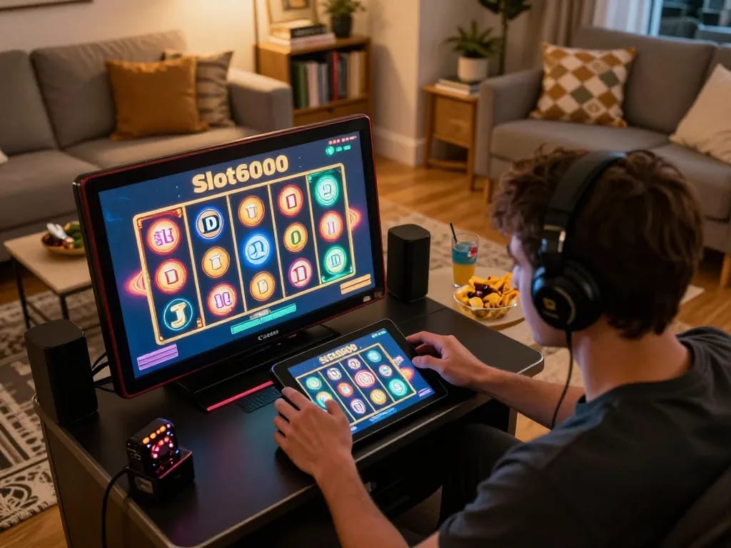 Engaging Slot6000 gaming scene featuring a player immersed in online slots at home with vibrant screen and cozy atmosphere