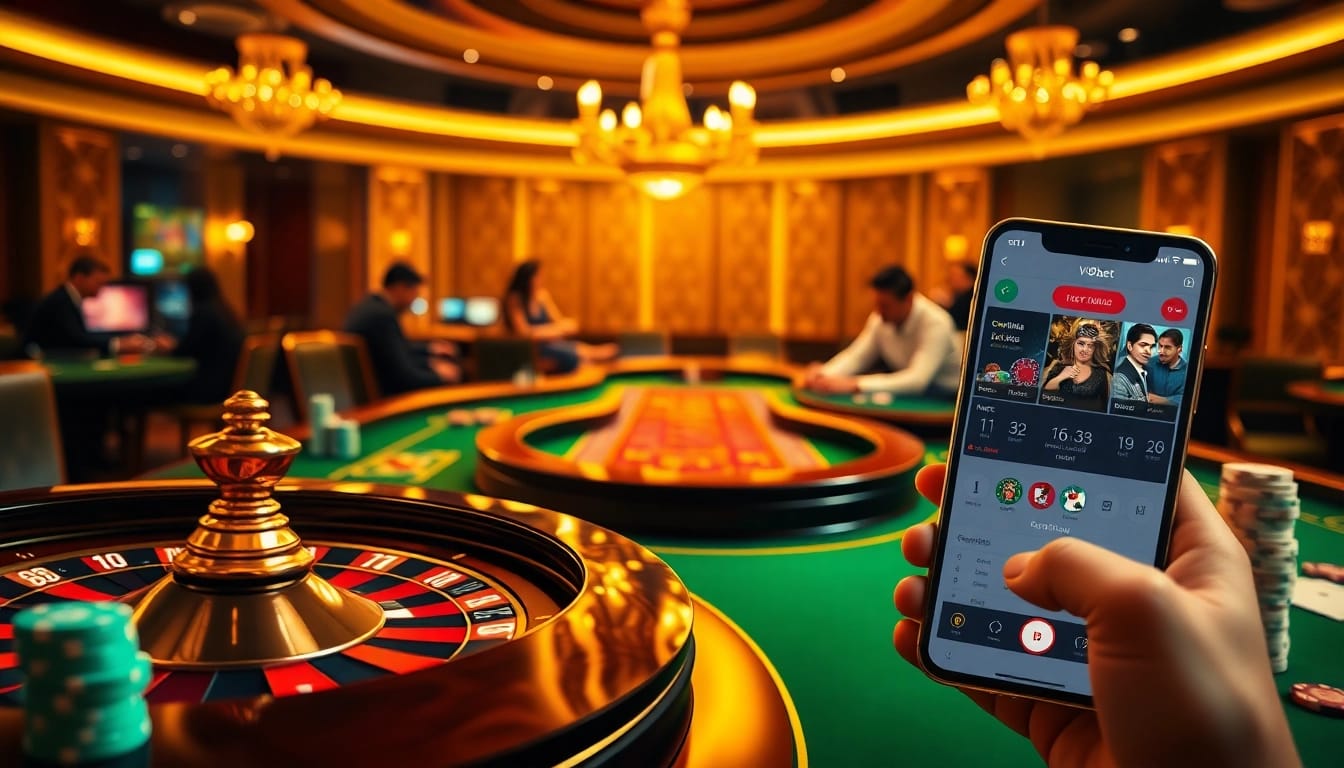 Experience the thrill of gaming with link vào V9bet, featuring a luxurious casino scene with roulette and poker.