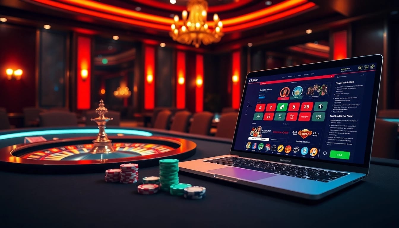 Vivez l'excitation du casino en ligne avec des jetons de poker et des roues de roulette illuminées dans une atmosphère palpitante.