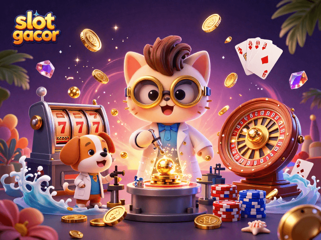 Experience the excitement of slot gacor with vibrant gaming elements and dynamic characters in this 3D illustration.