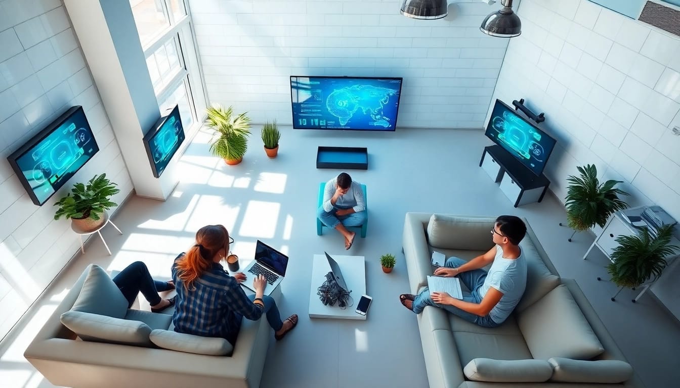 Team using ai tools to collaborate effectively in a bright, modern workspace.