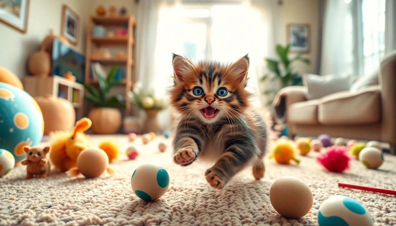 Petani toto bermain dengan kucing lucu di ruang tamu yang cerah.