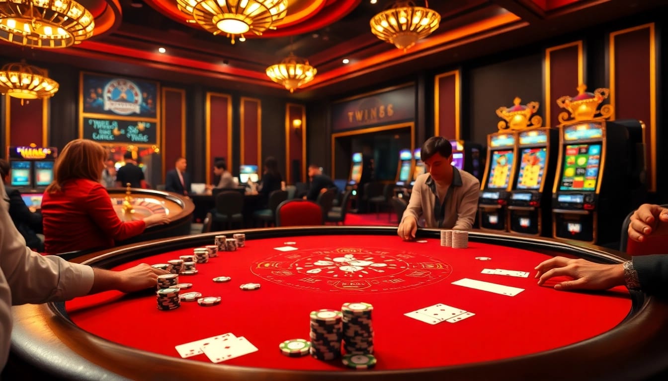 TWIN68 casino poker table with vibrant chips, cards, and roulette wheel creating an exciting atmosphere.