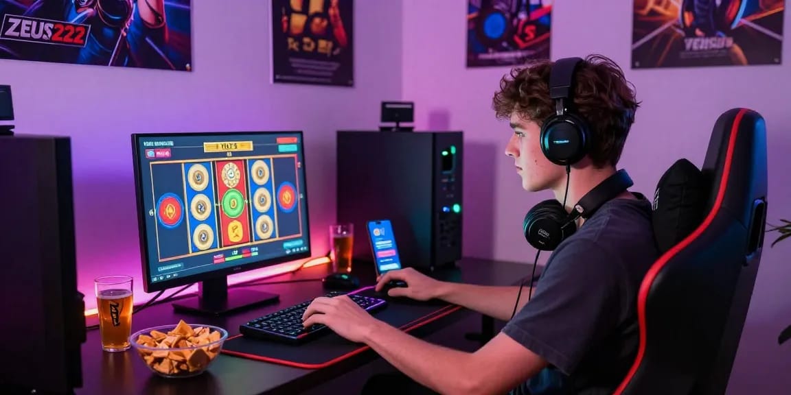ZEUS222 online gaming enthusiast playing slots in cozy room with vibrant LED lights.