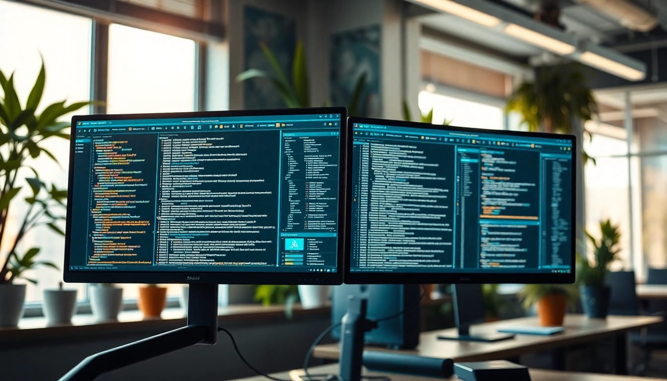 Enhance your test automation with DoesQA's professional workspace setup showcasing dual monitors and coding.