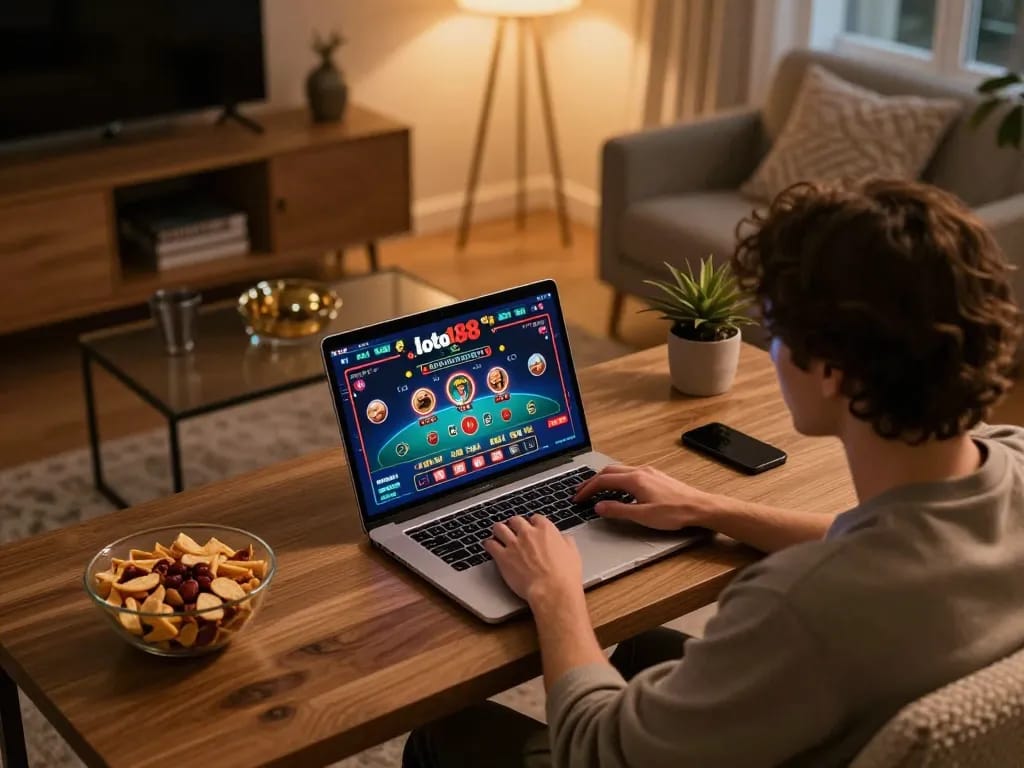 Engaging in loto188 online casino with a laptop, creating a cozy atmosphere for strategic gaming.
