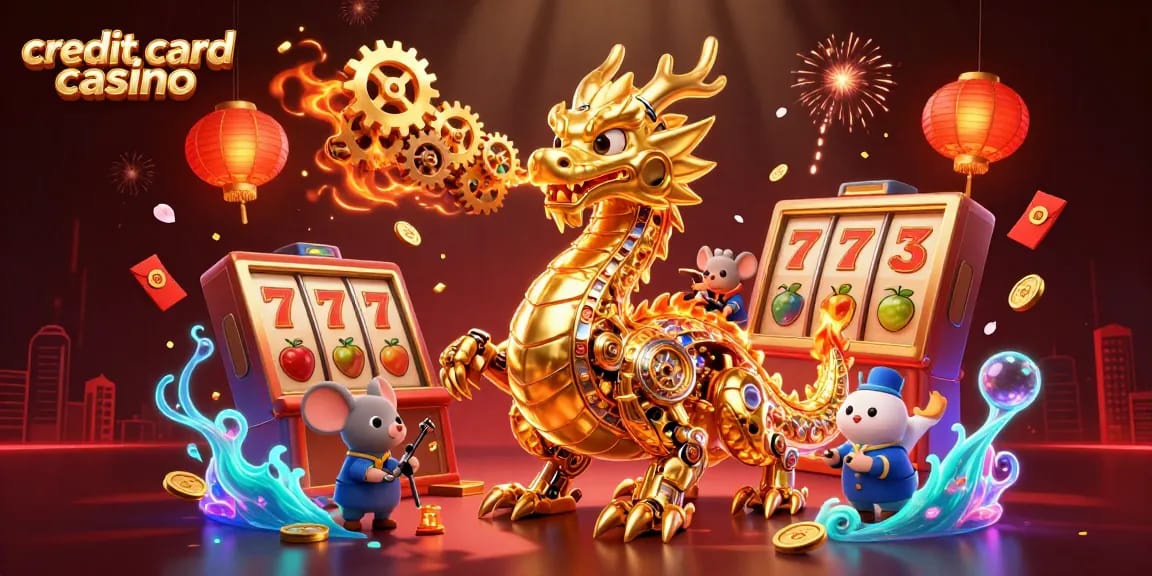 Spin to win big at this vibrant credit card casino scene filled with golden dragons and slot games.