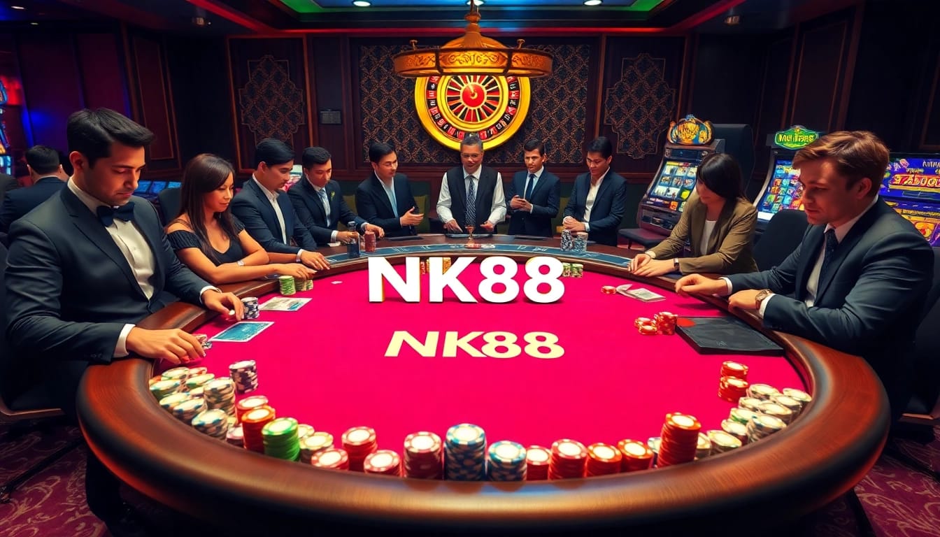 Players at a luxurious casino table engage in poker, highlighted by NK88-themed chips.