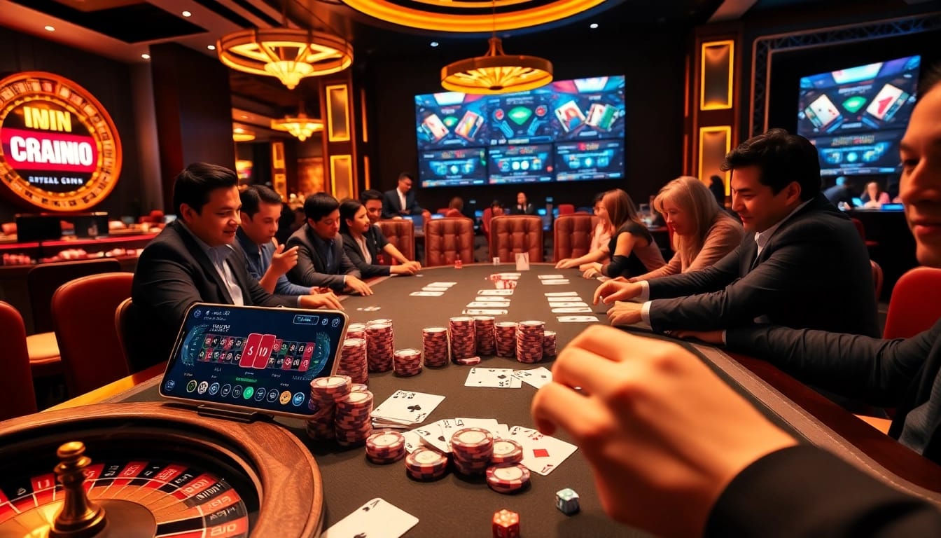 IDN poker players enjoying a thrilling game at a vibrant casino table filled with chips and cards.