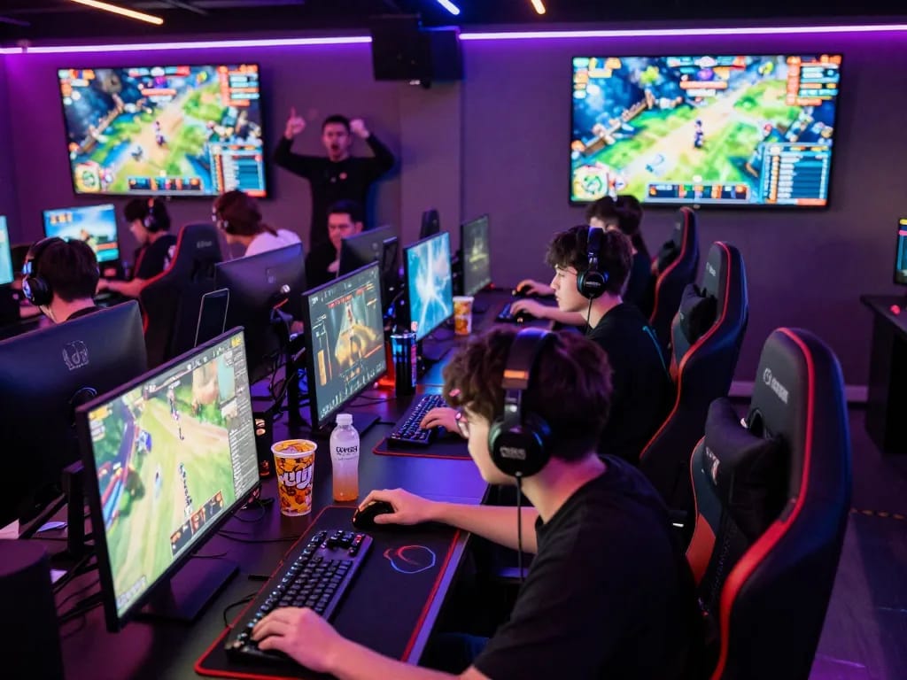 Kwin online gaming lounge filled with players focused on vibrant tournament screens and energetic atmosphere.