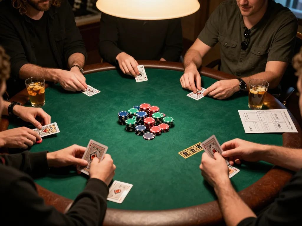 RR88 players engaging in a friendly poker game at home, showcasing a strategic gameplay atmosphere.