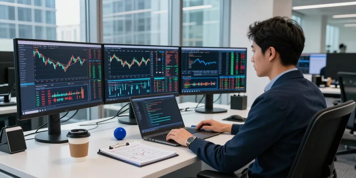 Live trading setup showcasing Nasdaq stock data feed on multiple monitors in a modern financial office.