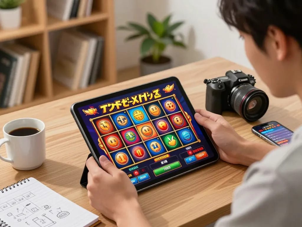 Engaging in a jepang slot game at home using a tablet, showcasing vibrant gameplay with strategic approach.
