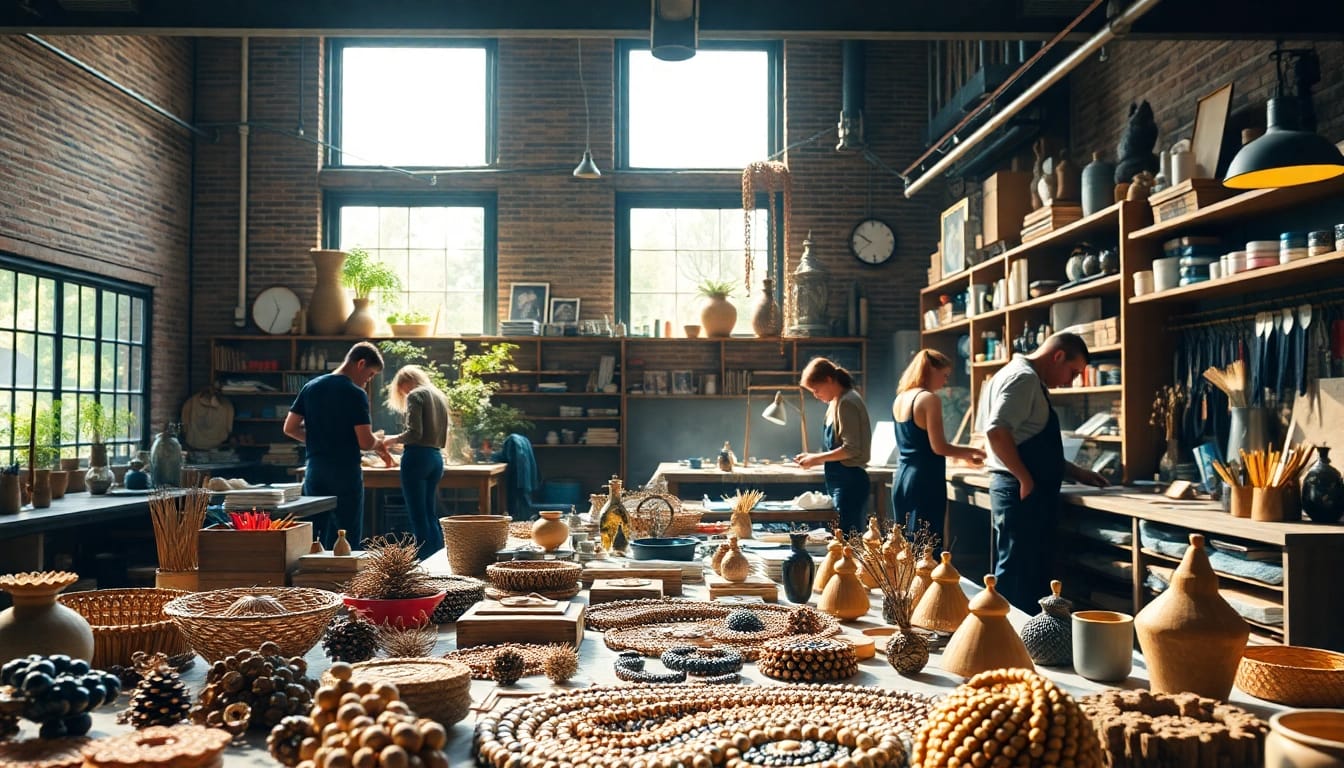 Artisans creating unique crafts at the Old Knows Factory in a vibrant workspace.
