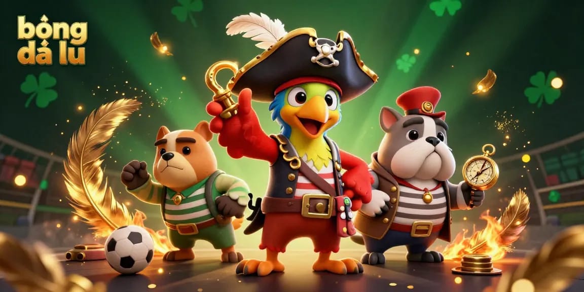 Bóng đá lũ sports betting scene with pirate captain and dog in a dynamic environment.