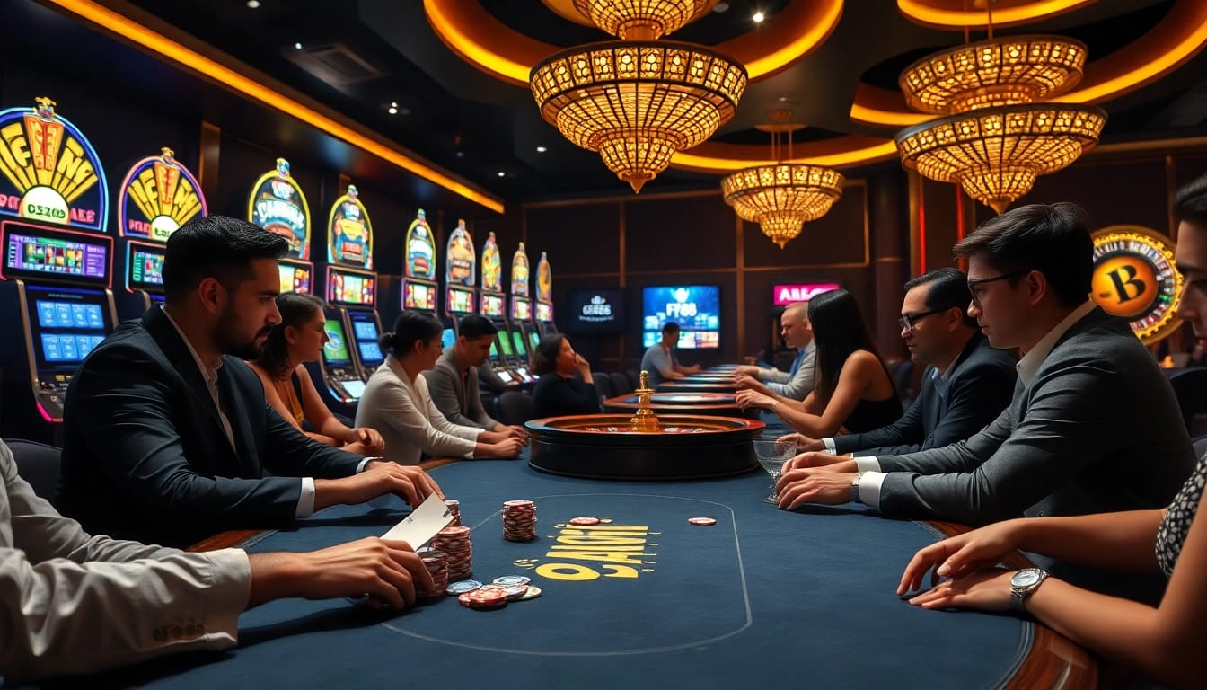 Feel the excitement of AF88 as players engage at a high-stakes poker table in a glamorous casino.