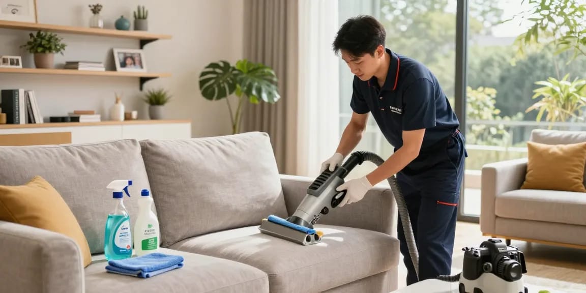 Upholstery cleaning near me with professional technician revitalizing a sofa in a bright, cozy living room.