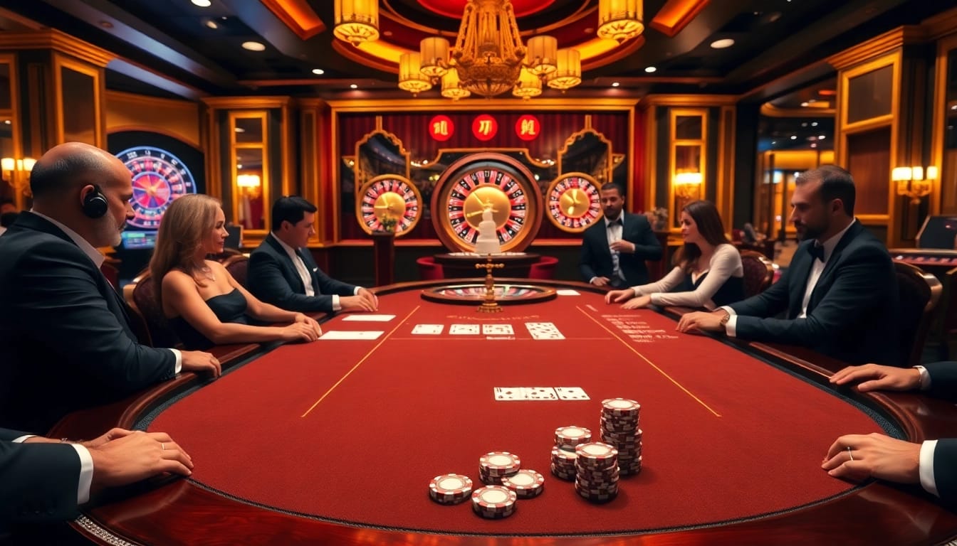 Excitation dans un casino en ligne avec des joueurs de poker, une roue de roulette et des jetons colorés.