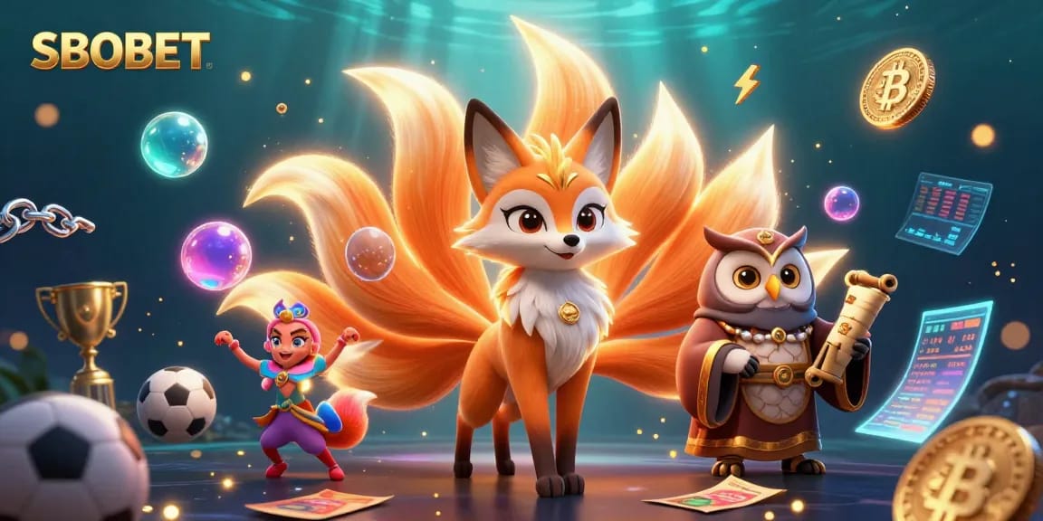 SBOBET offers dynamic sports betting visuals with a vibrant cartoon nine-tailed fox, wise owl, and glowing elements.