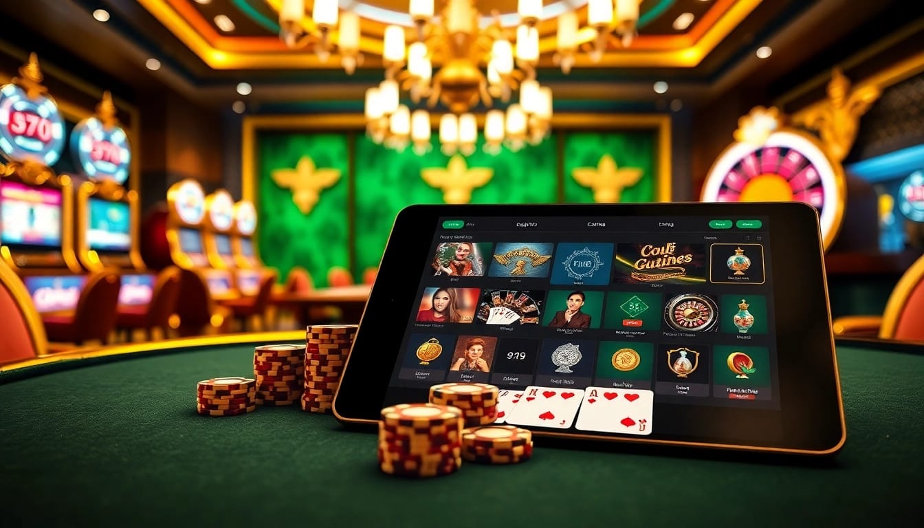 Cổng game B52 showcased through a luxurious poker table with vibrant poker chips and an interactive digital interface.