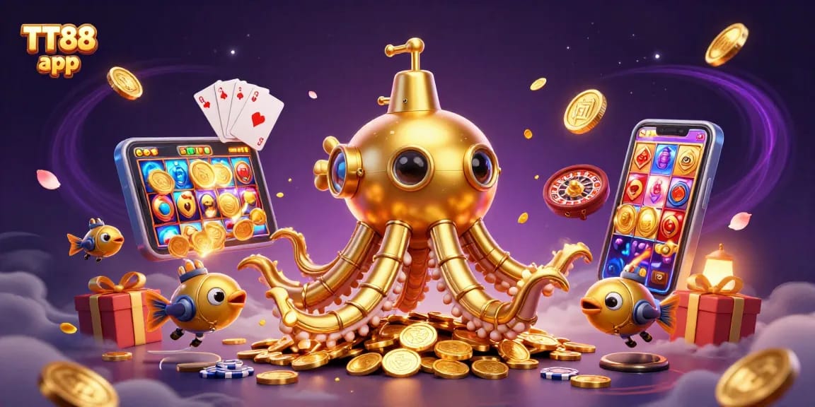 Engage with the TT88 app's slot games in a vibrant underwater scene with a golden kraken.