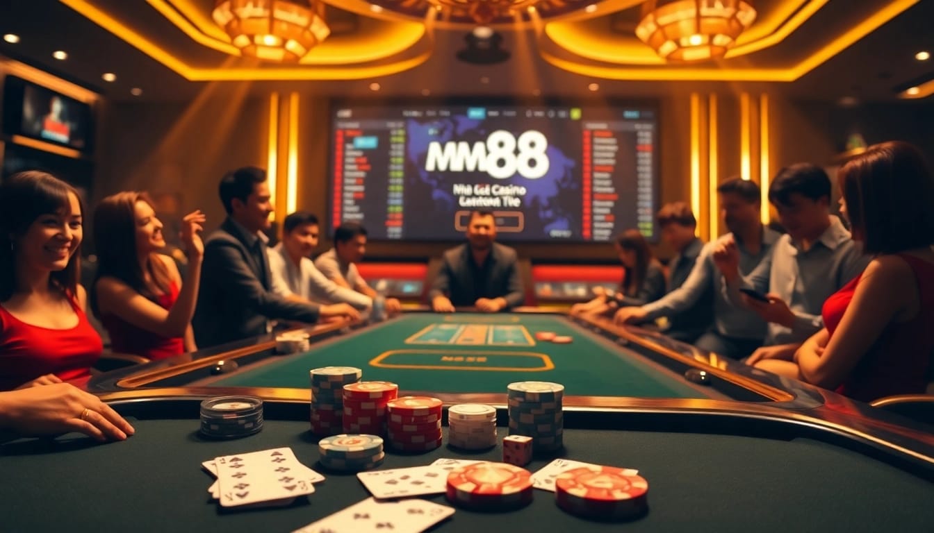 Experience the excitement of Nhà cái MM88 with vibrant casino visuals featuring live dealer tables and gaming elements.