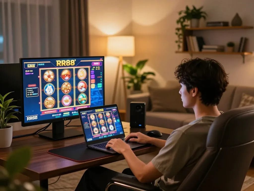 Player enjoying online slots at RR88, showcasing a vibrant gaming experience in a cozy environment.