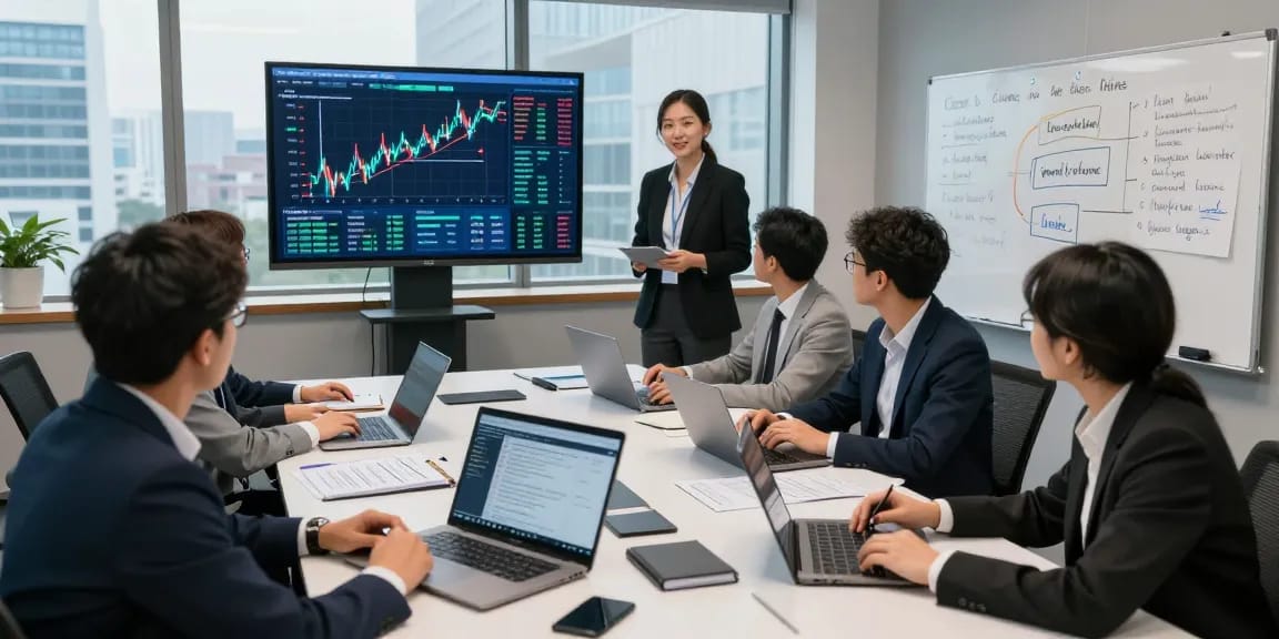 Financial crime intelligence team analyzing data and trends in a modern office during a strategic meeting.