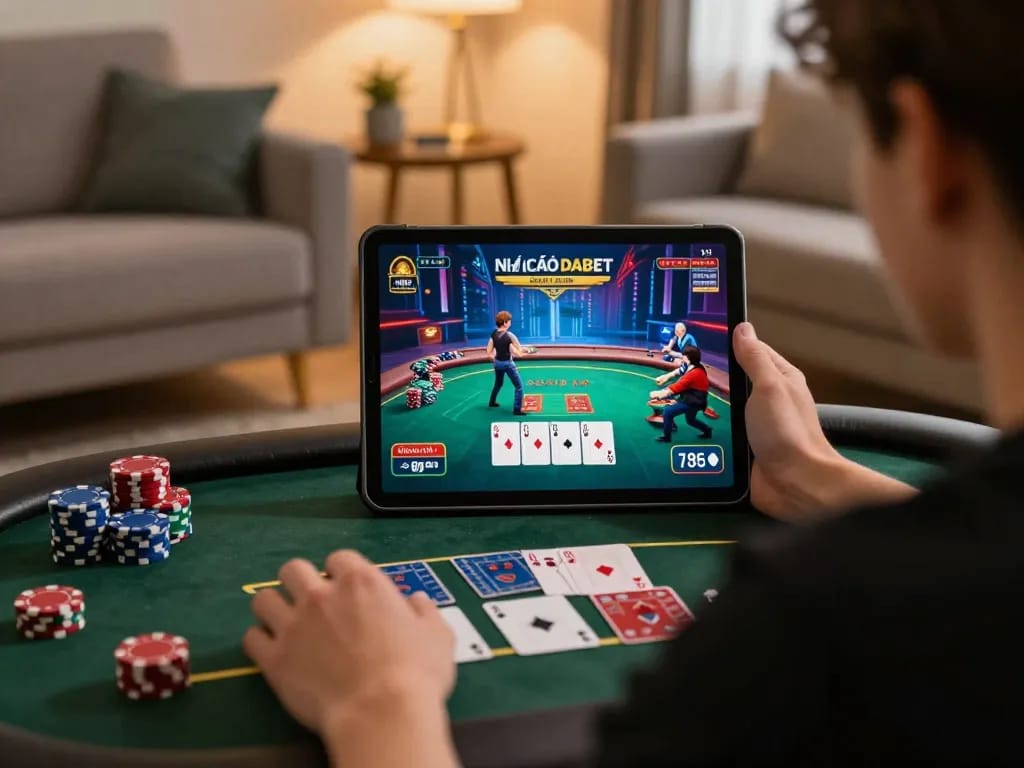 Engaged player enjoying NHÀ CÁI DABET on tablet, showcasing vibrant poker action in a cozy home setting.