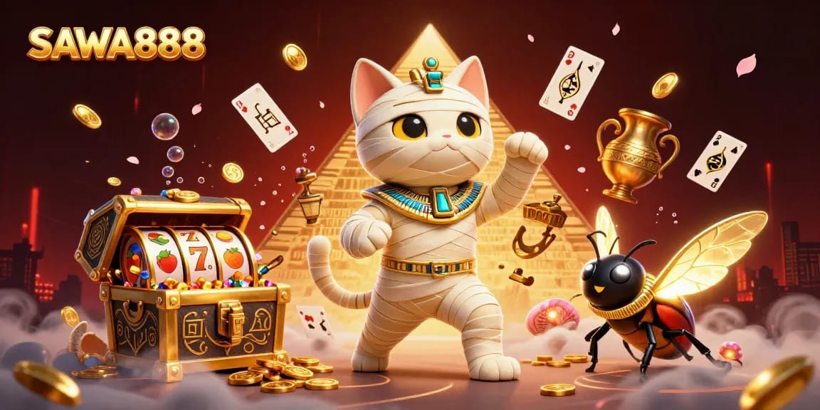 Experience exciting gameplay with SAWA888's Egyptian-themed slots featuring a mummy cat and treasures.