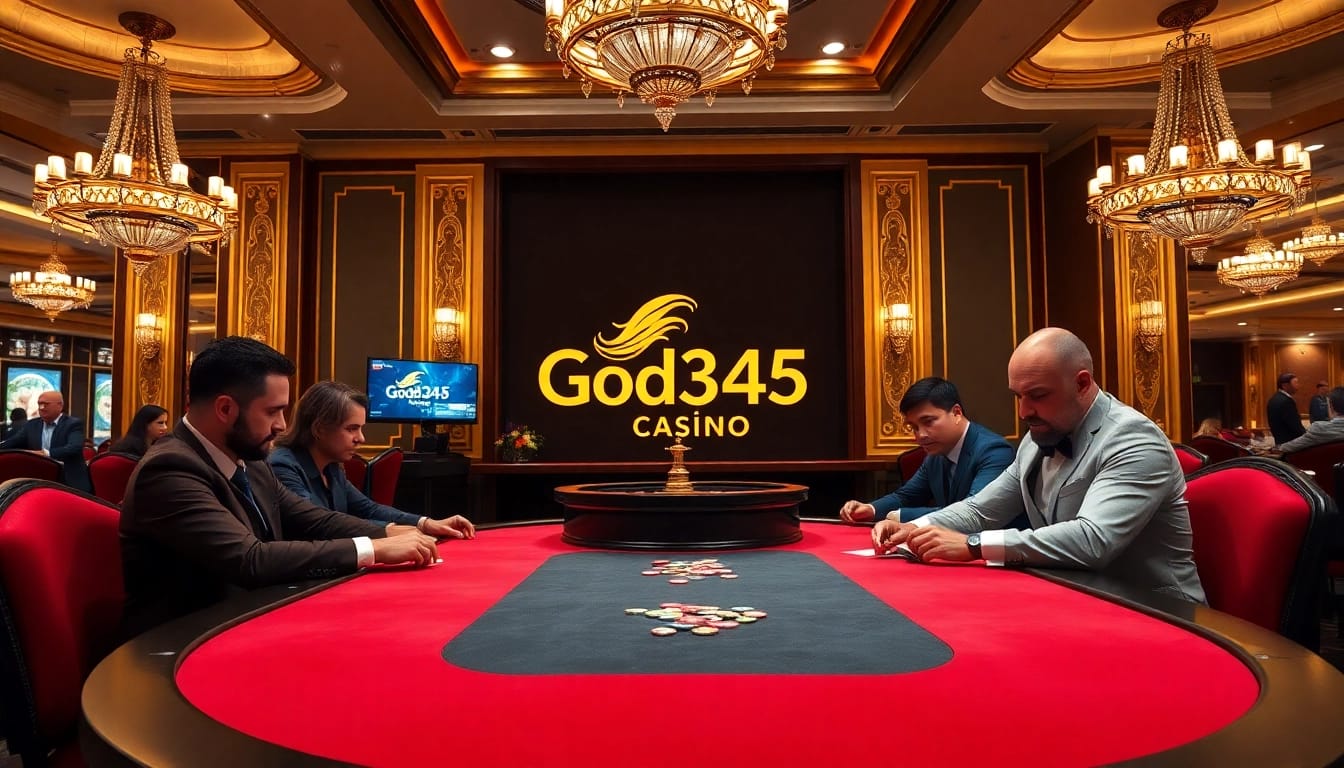 Experience the thrill of gambling at God345 casino with an elegant poker table and spinning roulette.