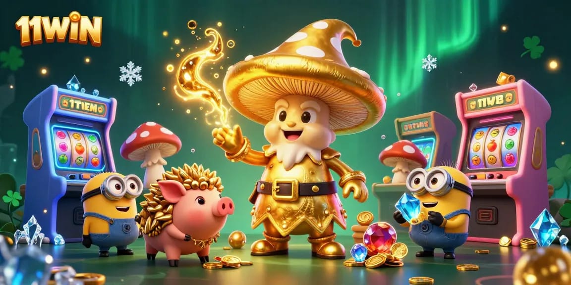 Spin to win with 11WIN: Enchanted wizard and treasures in a vibrant casino scene.